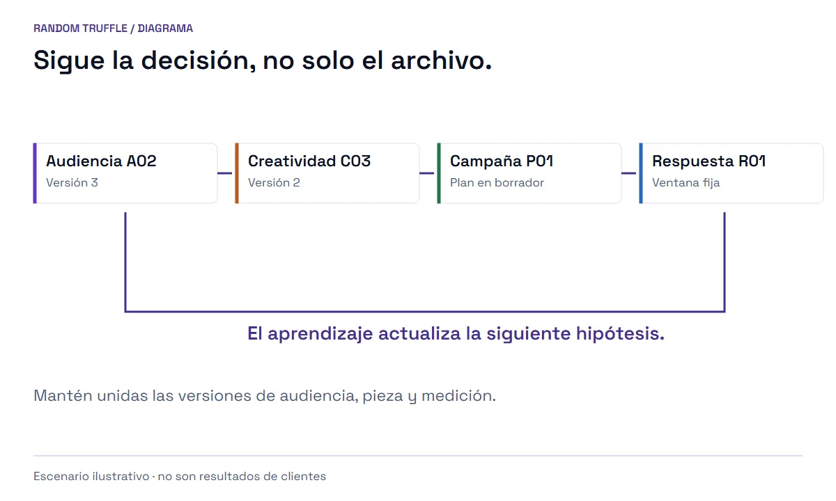 La audiencia A02 se vincula con la creatividad C03, la campaña P01 y la respuesta R01. El aprendizaje regresa a la siguiente hipótesis de audiencia.